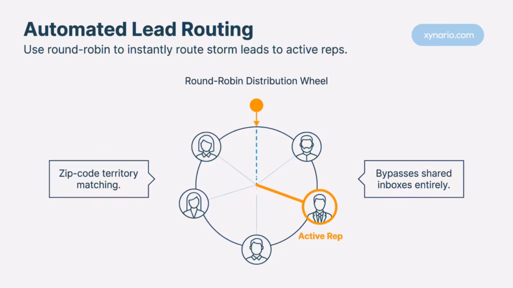 HubSpot automated lead routing workflow for roofing sales reps