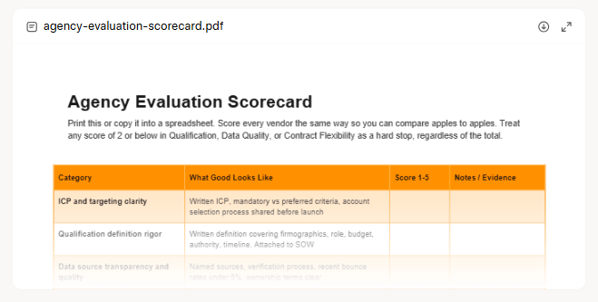 Agency evaluation scorecard Treat any score of 2 or below in Qualification, Data Quality, or Contract Flexibility as a hard stop, regardless of the total.
